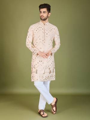 Ivory pure viscose rayon embroidered sequence work kurta 1