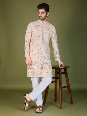 Ivory pure viscose rayon embroidered sequence work kurta 4