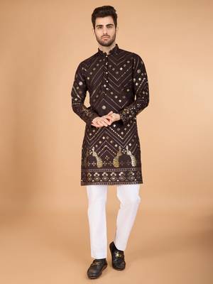 Brown pure viscose rayon embroidered sequence work kurta 1