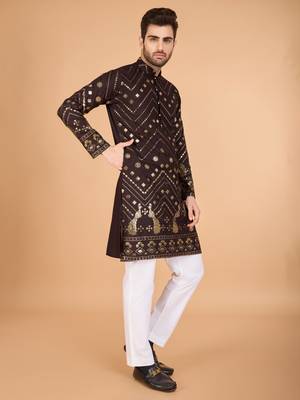 Brown pure viscose rayon embroidered sequence work kurta 2