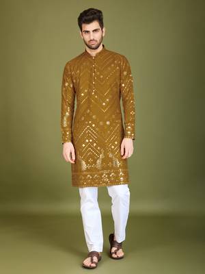 Yellow pure viscose rayon embroidered sequence work kurta 1