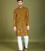 Yellow pure viscose rayon embroidered sequence work kurta