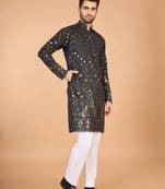 Slate grey pure viscose rayon embroidered sequence work kurta