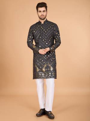 Slate grey pure viscose rayon embroidered sequence work kurta 2