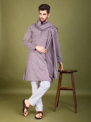 Dusty peach viscose silk thread with sequence embroidered work kurta with dupatta 2