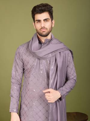 Dusty peach viscose silk thread with sequence embroidered work kurta with dupatta 5
