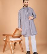 Grey viscose silk thread with sequence embroidered work kurta with dupatta