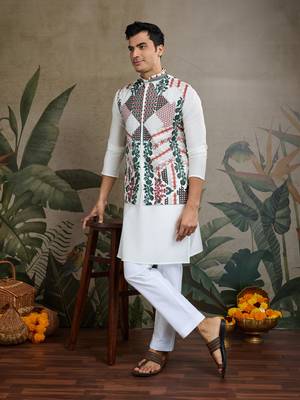 White viscose silk thread warovski embroidered work with kurta & koti 1