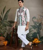 White viscose silk thread warovski embroidered work with kurta & koti