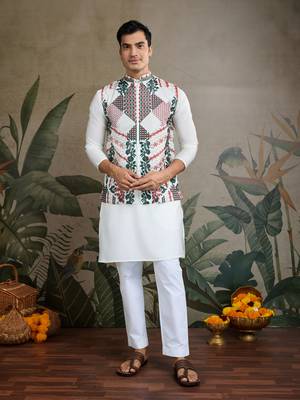 White viscose silk thread warovski embroidered work with kurta & koti 2