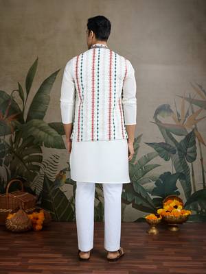 White viscose silk thread warovski embroidered work with kurta & koti 4