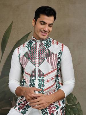 White viscose silk thread warovski embroidered work with kurta & koti 5