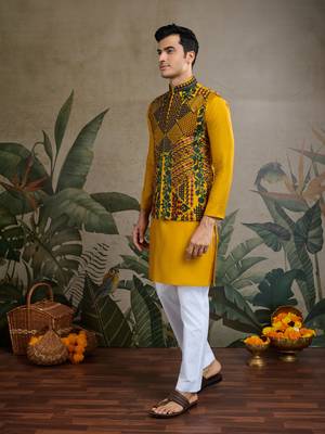 Yellow viscose silk thread swarovski embroidered work with kurta & koti 2
