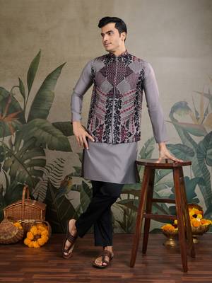 Grey viscose silk thread swarovski embroidered work with  kurta & koti 1