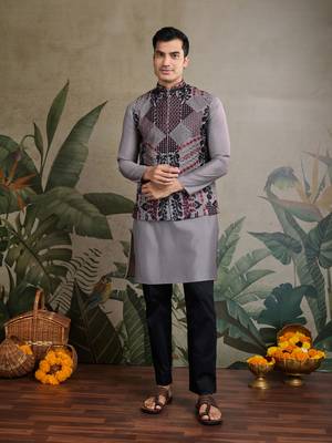 Grey viscose silk thread swarovski embroidered work with  kurta & koti 2