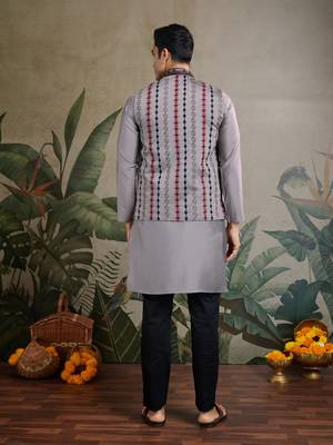 Grey viscose silk thread swarovski embroidered work with  kurta & koti 3
