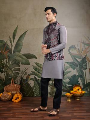 Grey viscose silk thread swarovski embroidered work with  kurta & koti 4