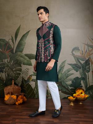 Green viscose silk thread swarovski embroidered work with kurta & koti 3