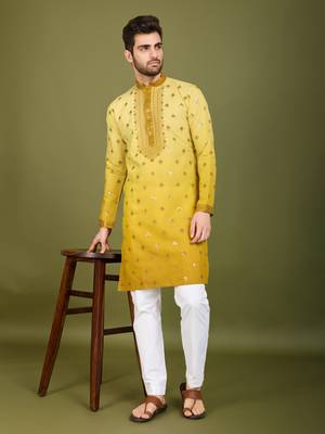 Ombre yellow viscose rayon sequence & foil mirror heavy embroidered work kurta 1