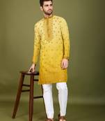 Ombre yellow viscose rayon sequence & foil mirror heavy embroidered work kurta