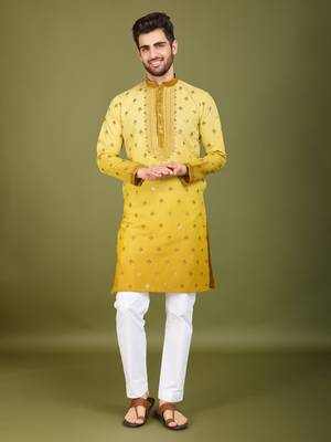 Ombre yellow viscose rayon sequence & foil mirror heavy embroidered work kurta 2
