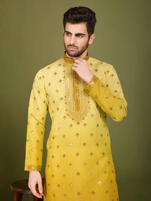 Ombre yellow viscose rayon sequence & foil mirror heavy embroidered work kurta 4