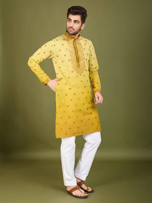 Ombre yellow viscose rayon sequence & foil mirror heavy embroidered work kurta 5