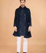 Navy blue viscose silk thread & sequence embroidered work kurta with dupatta