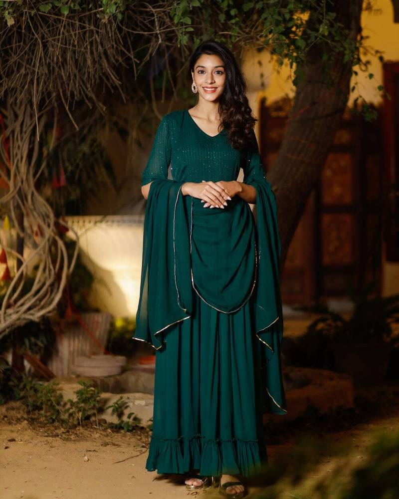 Dark Green Plus Size Heavy Sequence Work on Yog With Full Flare Anarkali With Pant & Dupatta 