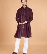 Maroon viscose silk thread & sequence embroidered work kurta with dupatta