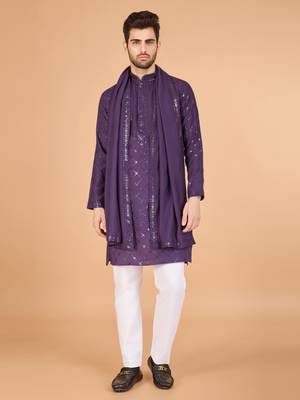 Dusty purple viscose silk thread & sequence embroidered work kurta with dupatta 1