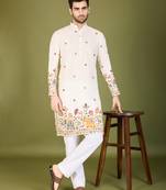 White cotton sequence embroidered & thread work kurta