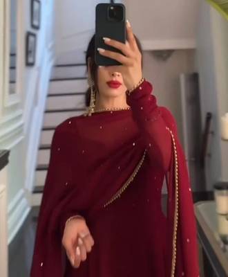 Maroon Stone Work Full Flared Anarkali with Dupatta 3