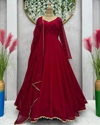 Maroon Stone Work Full Flared Anarkali with Dupatta 4