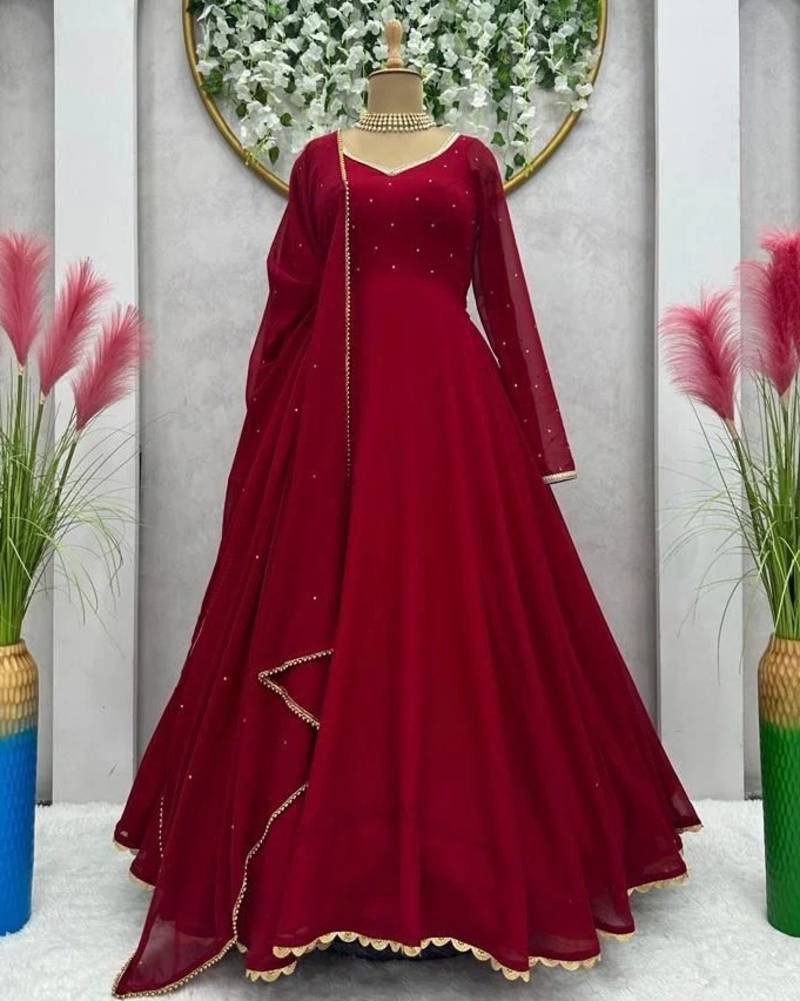 Maroon Stone Work Full Flared Anarkali with Dupatta