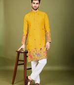 Yellow exclusive festival wear cotton sequence embroidered & thread work kurta