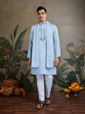 Sky blue Viscose Rayon Real mirror work kurta with dupatta 1