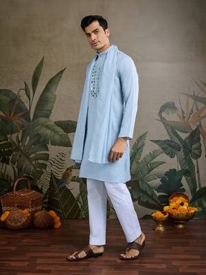 Sky blue Viscose Rayon Real mirror work kurta with dupatta 3