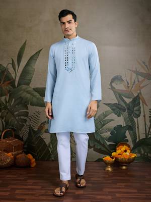 Sky blue Viscose Rayon Real mirror work kurta with dupatta 5