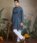 Blue grey Viscose Rayon Real mirror work kurta with dupatta