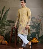 Yellow viscose silk thread & sequence embroidered work kurta