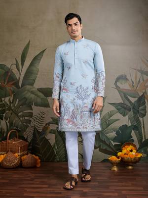 Sky blue viscose silk thread & sequence embroidered work kurta 1