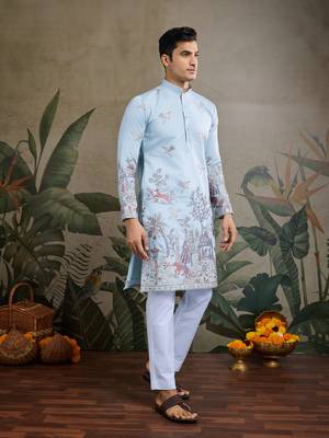 Sky blue viscose silk thread & sequence embroidered work kurta 2