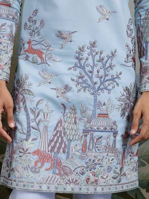 Sky blue viscose silk thread & sequence embroidered work kurta 4