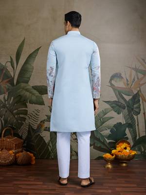 Sky blue viscose silk thread & sequence embroidered work kurta 5