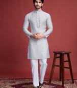 Grey viscose mirror work on self weaving kurta