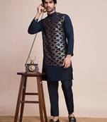 Navy Blue pure silk thread & sequence embroidered work kurta