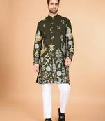 Olive viscose rayon thread embroidered work kurta only