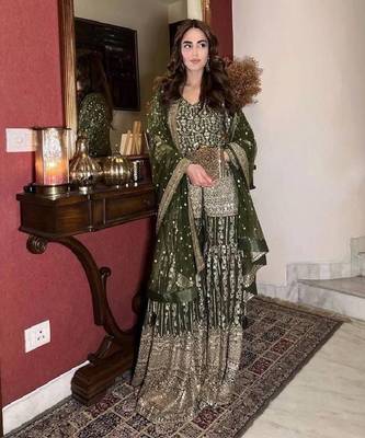 Green Georgette Kurta Pant Set with Dupatta 1