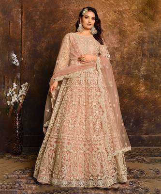Peach Net Anarkali Suit for Wedding 1
